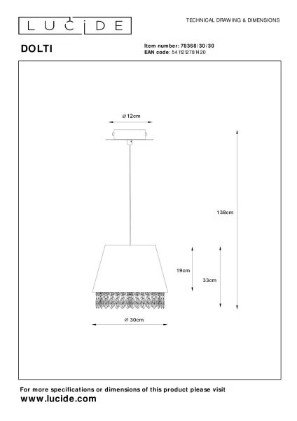 Lucide DOLTI - Suspension - Ø 30 cm - 1xE27 - Noir - TECHNISCH